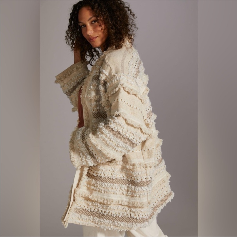 Oversized Textured Ivory and Beige Bohemian Knit Jacket SP; S/M
